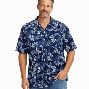 Aigle Men’s Hawaiian Shirt XL Blue Floral Tropical Underwater Print Short Sleeve